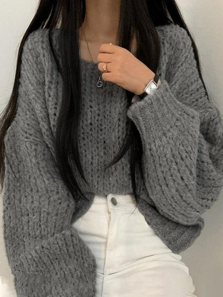 Cutout Lantern Sleeve Loose Sweater