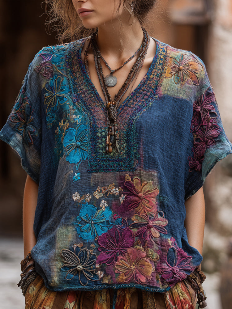 Bohemian-style Patchwork Multi-colored Flower Three-dimensional Embroidery V-neck Short-sleeved Shirt elevenforest