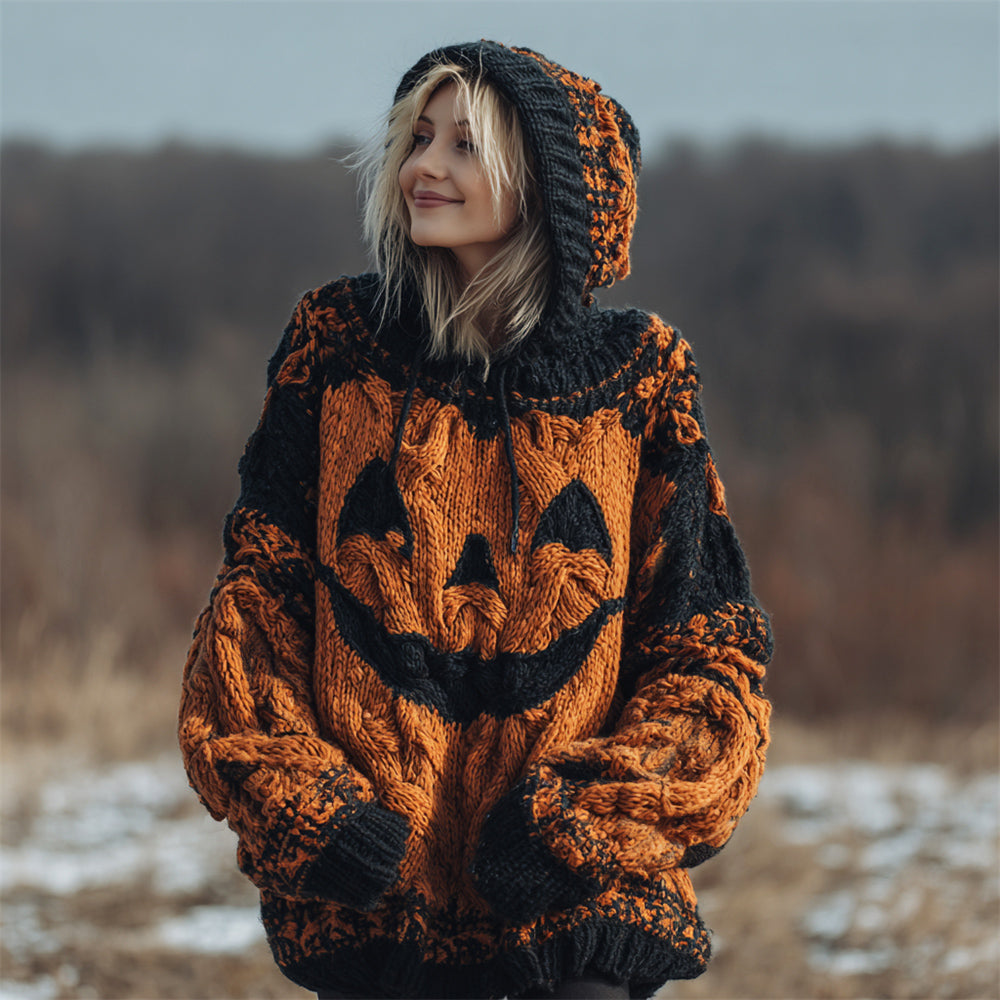 Halloween Spooky Pumpkin Women's Chunky Knit Hooded Sweater elevenforest