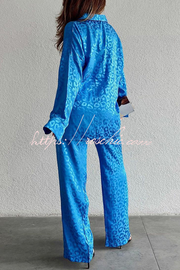 Leopard Print Jacquard Long Sleeved Shirt With Elastic Waist and Pant Two Piece Set