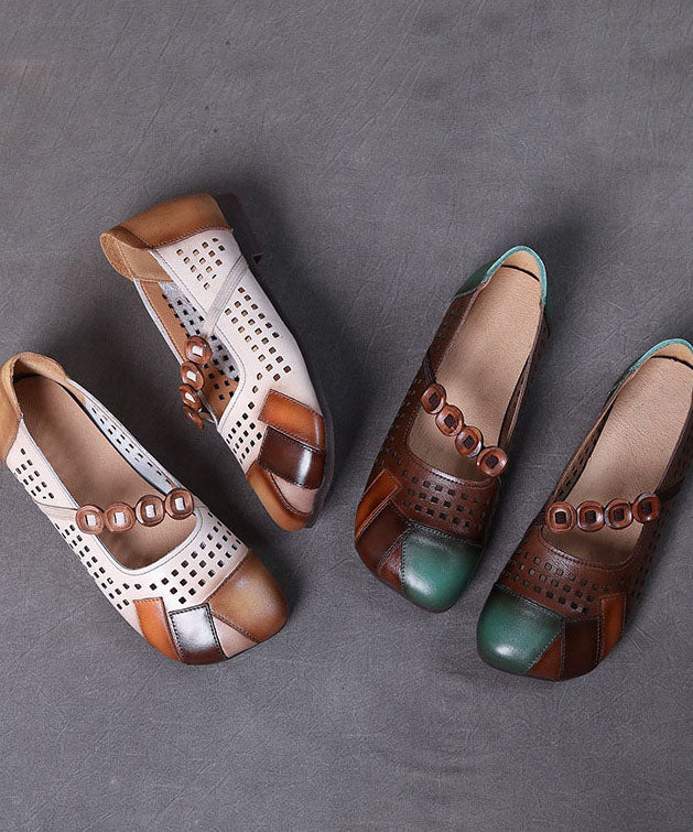 Splicing Flat Shoes Brown Hollow Out Cowhide Leather