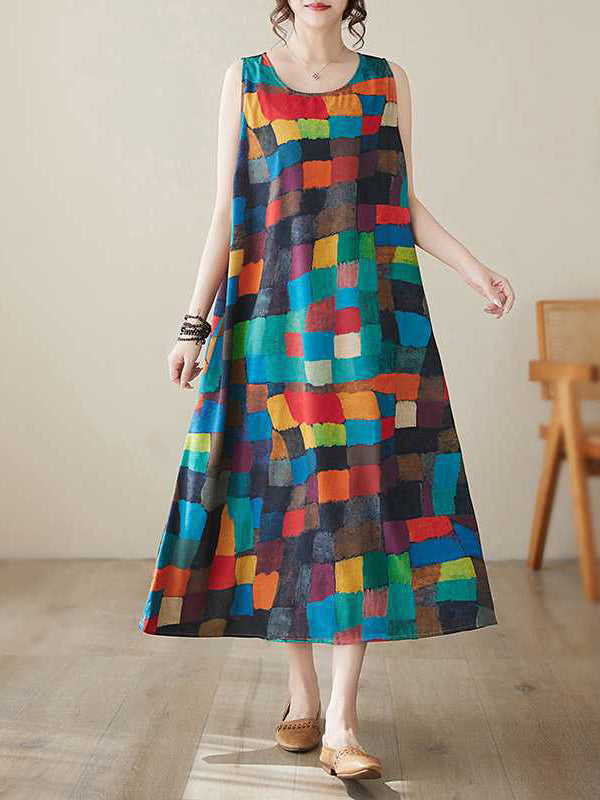 Loose Sleeveless Contrast Color Multi-colored Plaid Round-neck Midi Dresses