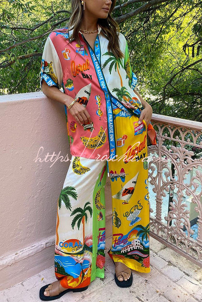 Kissed by the Sun Satin Unique Print Colorblock Elastic Waist Pocketed Wide Leg Pants