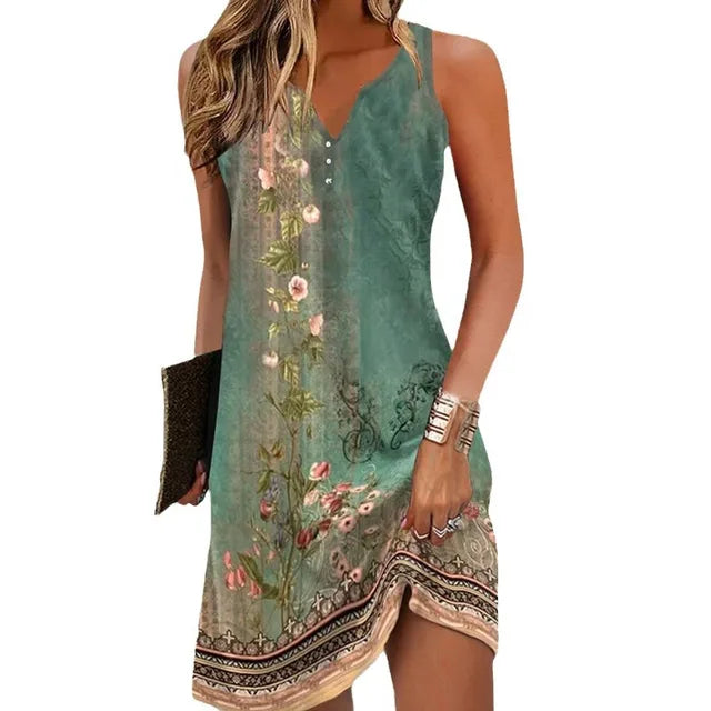 Flower Print Mini Dresses Summer New V-neck A-line Sleeveless Dress Vestido Lady Commuting Clothing