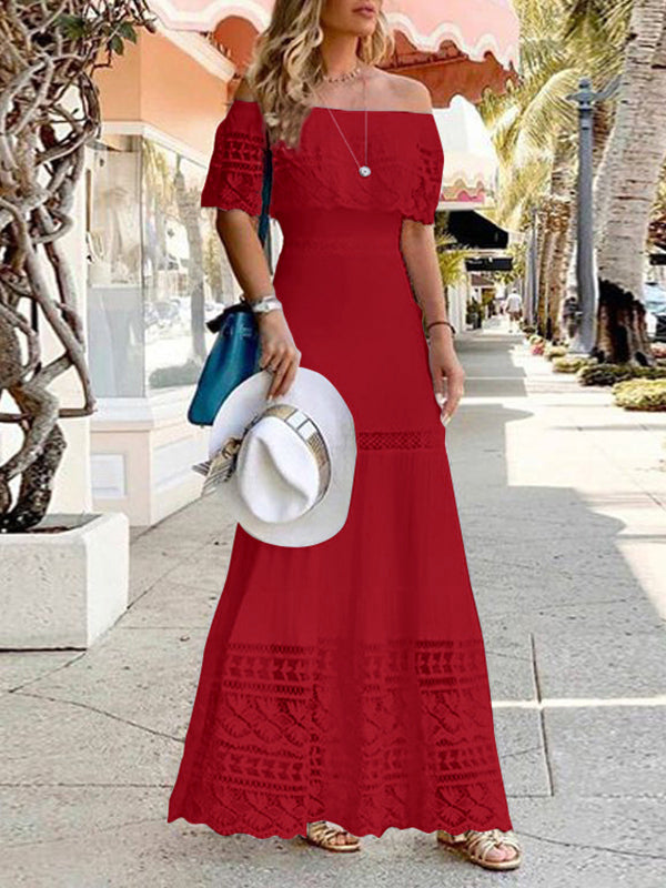 High Waisted Short Sleeves Hollow Color Split-joint Off-the-shoulder Maxi Dresses