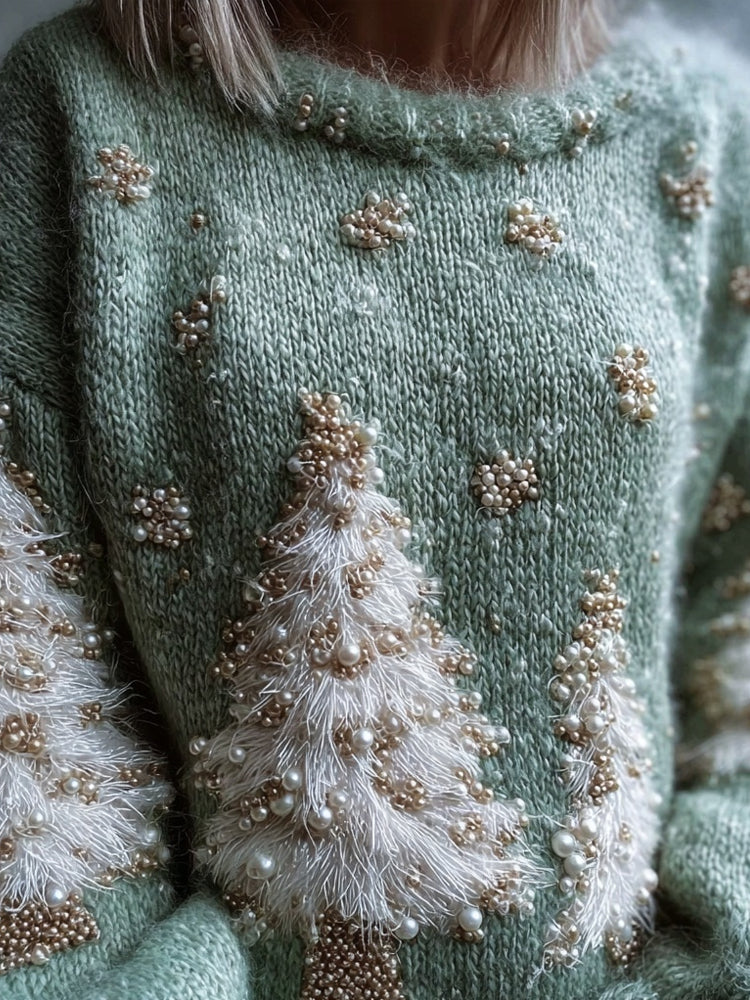 Vintage Pine Trees Embroidered Green Cozy Sweater artswardrobe