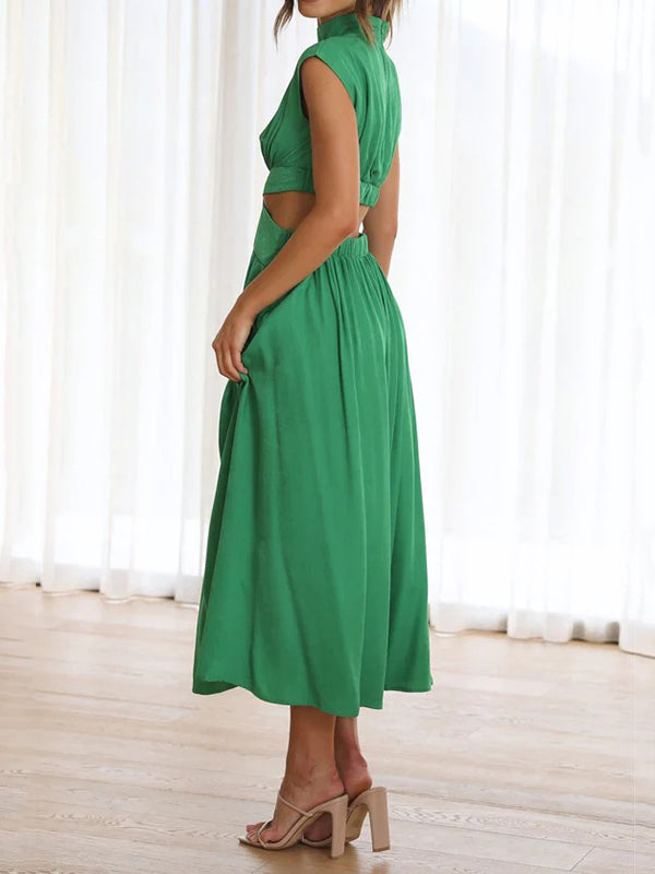 Cap Sleeve Belly-hollow Pleated Color Stand Collar Maxi Dresses