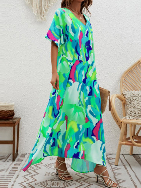 Loose Short Sleeves Contrast Color High-waisted Printed V-neck Maxi Dresses