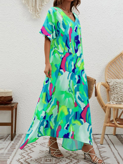 Loose Short Sleeves Contrast Color High-waisted Printed V-neck Maxi Dresses