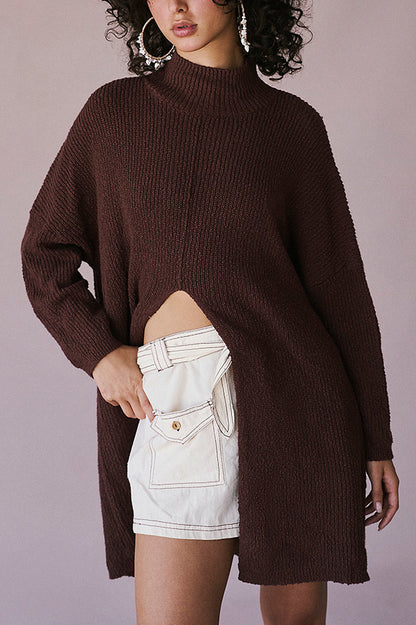 Color Long Sleeve Slit Knitted Sweater