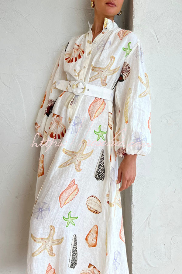 Swinton Marine Element Print Pocket Balloon Sleeve Belted Maxi Dress