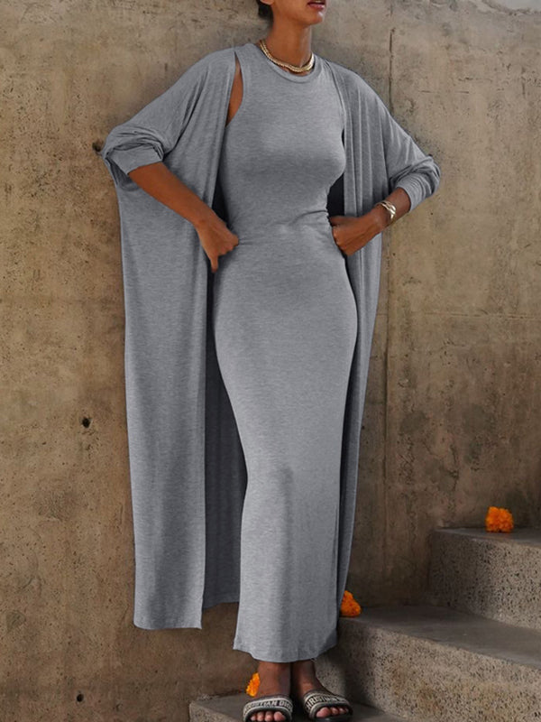 Long Sleeves Color Round-neck Inner Dress + Bodycon Outerwear Two Pieces Set