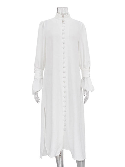 Flared Sleeves Long Sleeves Buttoned Color Split-side Stand Collar Midi Dresses Shirt Dress