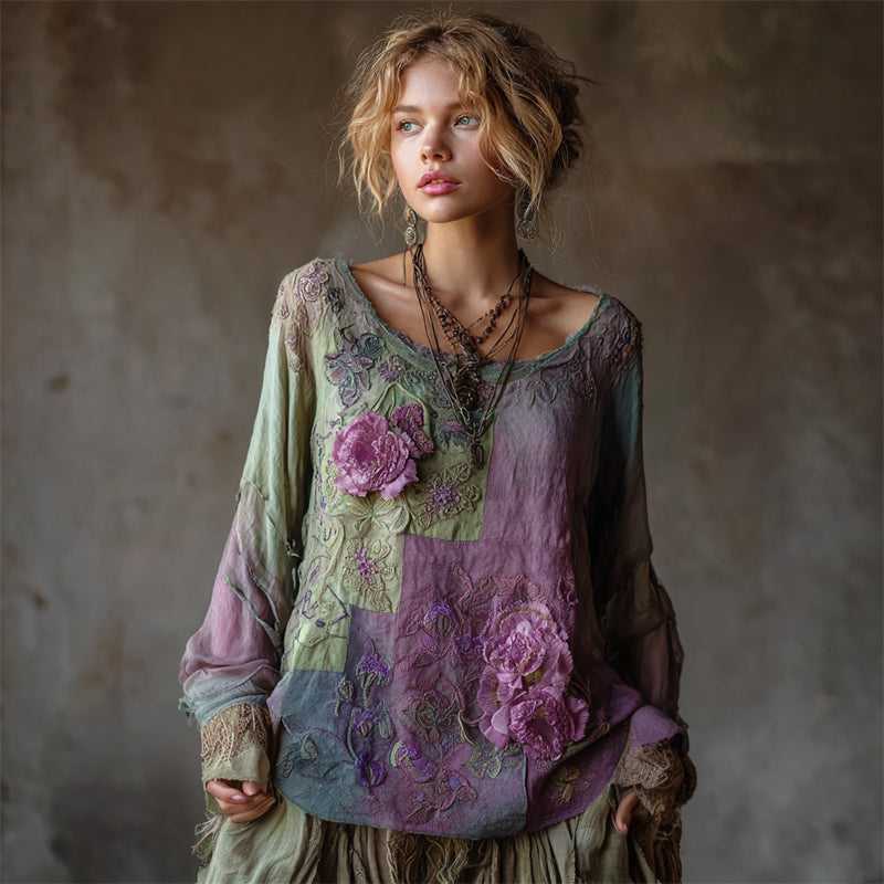 Vintage Lavender Floral Fiber Art Patchwork Flowy Linen Shirt elevenforest