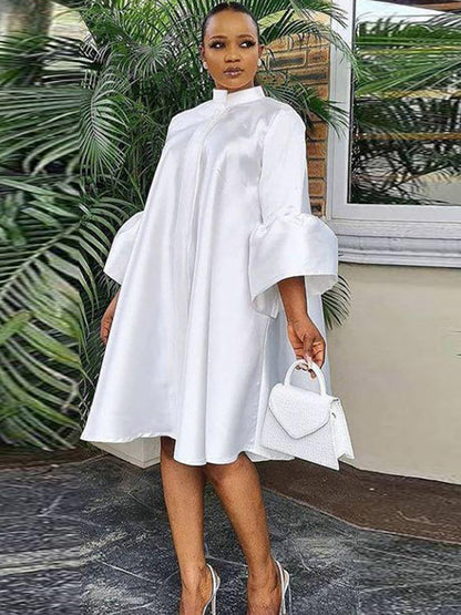Urban Buttoned Color Stand Collar Flared Sleeve Loose Midi Dress