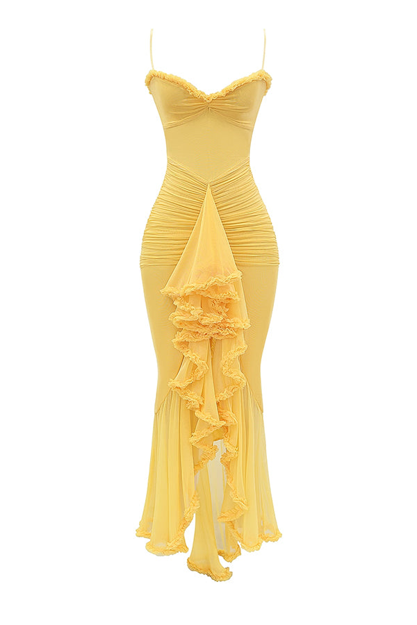 Retro Romantic Style Mesh Ruffle Trim Ruched Slit High Low Maxi Dress