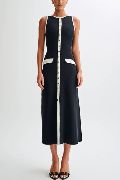 Slim Fit Crew Neck Buttoned Sleeveless Knit Midi Dress