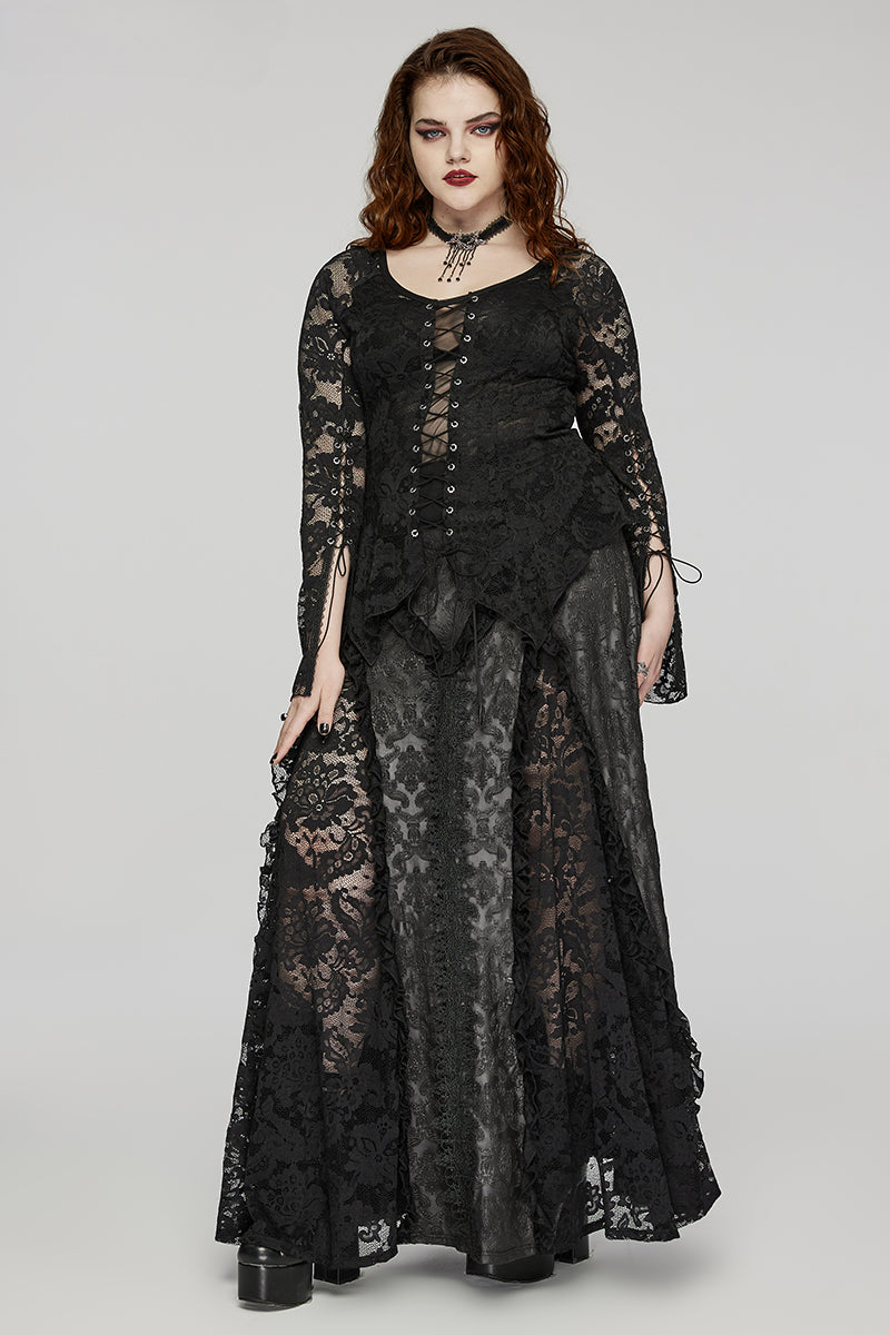 Gothic Charm Dark Pattern Inverted Triangle Lace Splicing Design Mysterious Party Long Skirt