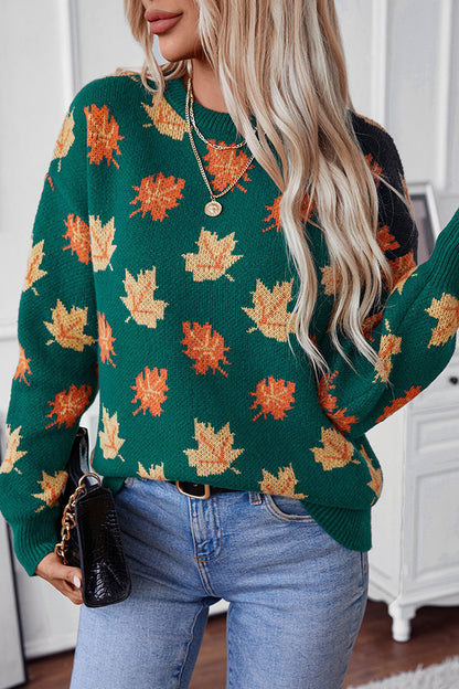 Maple Leaf Pattern Loose Knitted Sweater