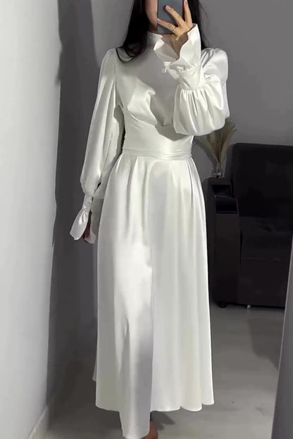 Color Ruffled Sleeves Waisted Tie Slim Fit Maxi Dress