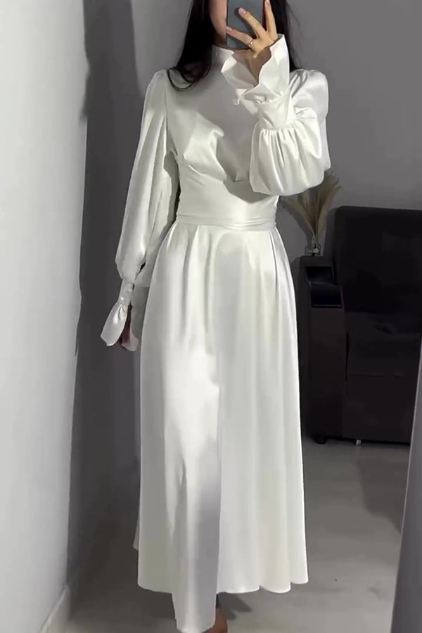 Color Ruffled Sleeves Waisted Tie Slim Fit Maxi Dress