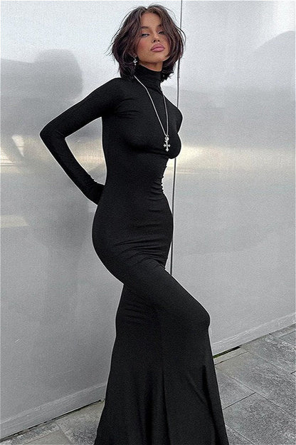 Color High Neck Long Sleeve Maxi Dress