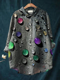 Rainbow Color Water Droplet Art Printed Women's Casual Cotton And Linen Shirt