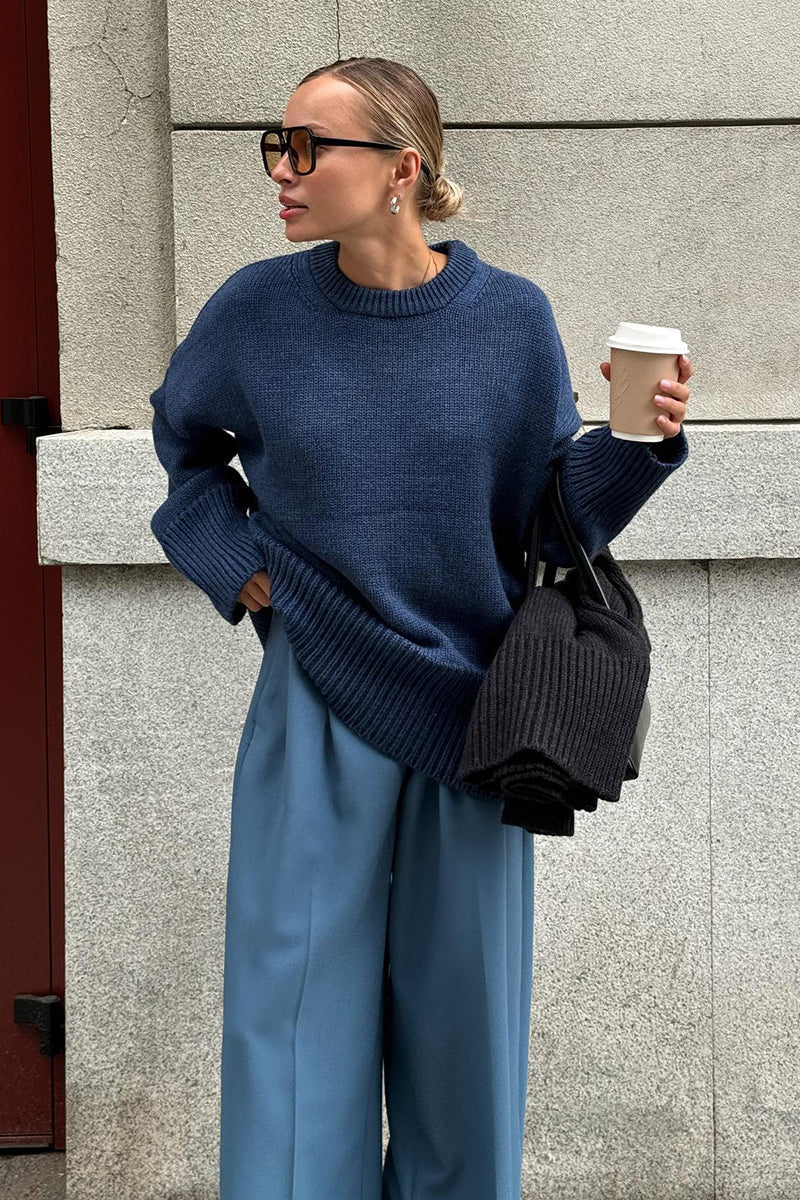 Color Relaxed Fit Crew Neck Knit Sweater