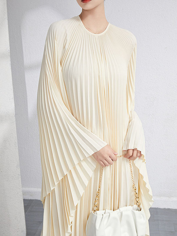 Urban Flared Batwing Sleeves Pleated Color Round-neck Midi Dresses