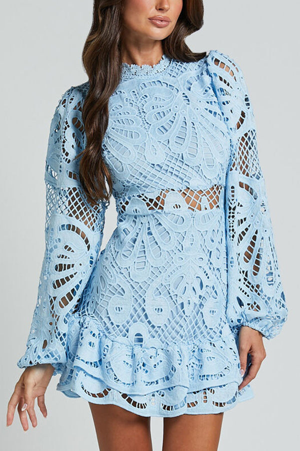 Color Hollow Long-sleeved Waisted Lace Mini Dress