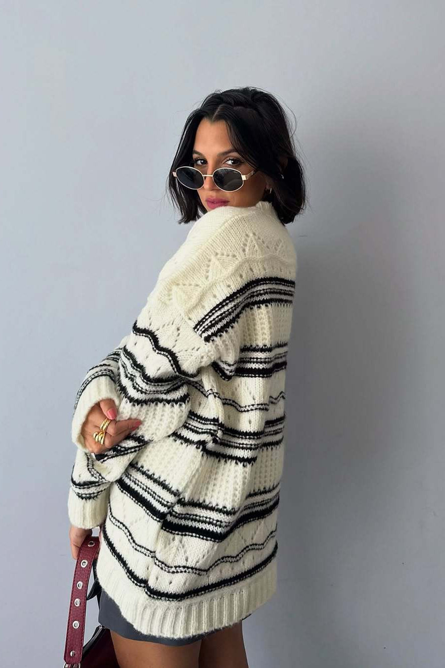 Thick Striped Knit Crew Neck Sweater
