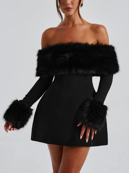 Rory - Off-shoulder Fur Sleeve Mini Dress