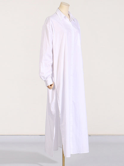 Long Sleeves Loose See-through Color Split-joint Split-side Lapel Maxi Dresses Shirt Dress