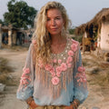 Boho Fringe Floral Embroidery Art Women's Long Sleeve Shirt elevenforest
