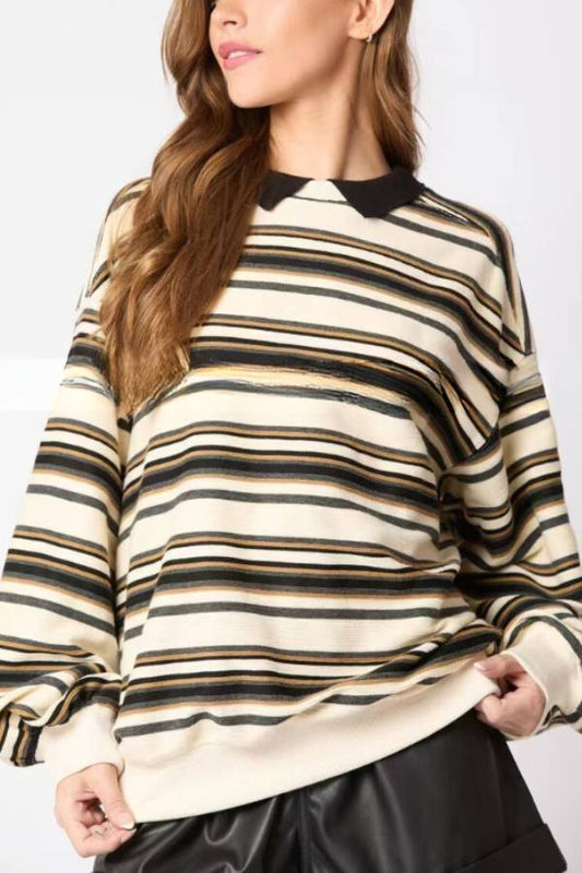 Striped Lapel Long-sleeved Top Loose Sweatshirt