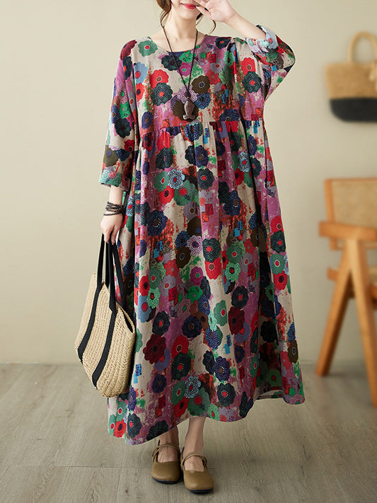 Long Sleeves Loose Flower Print Pockets Split-joint Round-neck Midi Dresses