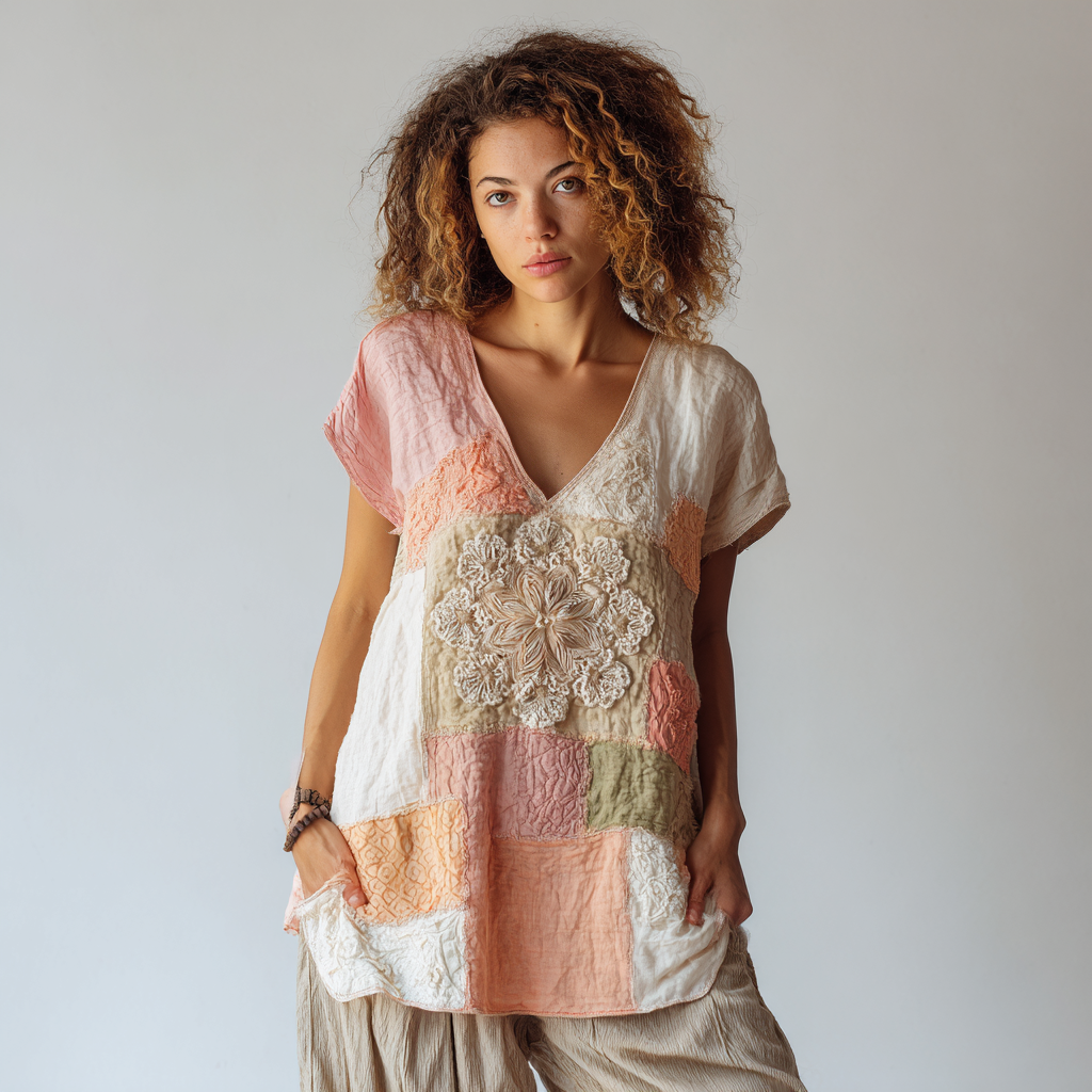 Women's Retro Floral Art Stitching Short Sleeve T-shirt elevenforest