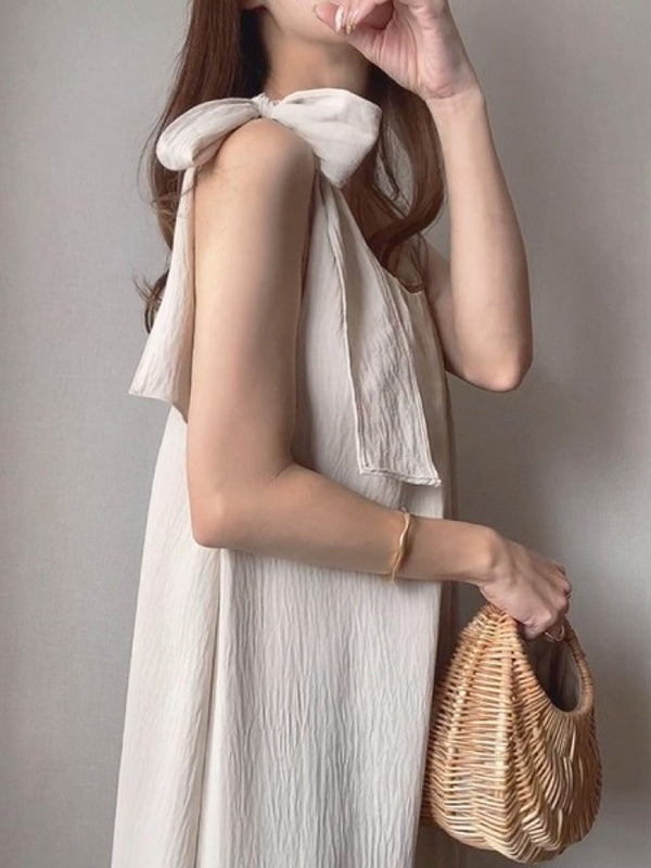 High Waisted Loose Pleated Color Tied Round-neck Maxi Dresses