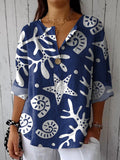 Coral And Sea Shell Pattern Printed Women's Casual Cotton Linen Shirt