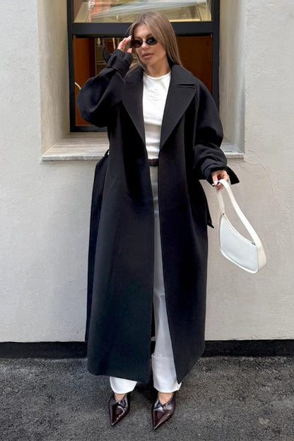 Longline Wool Blend Tie Waist Loose Overcoat