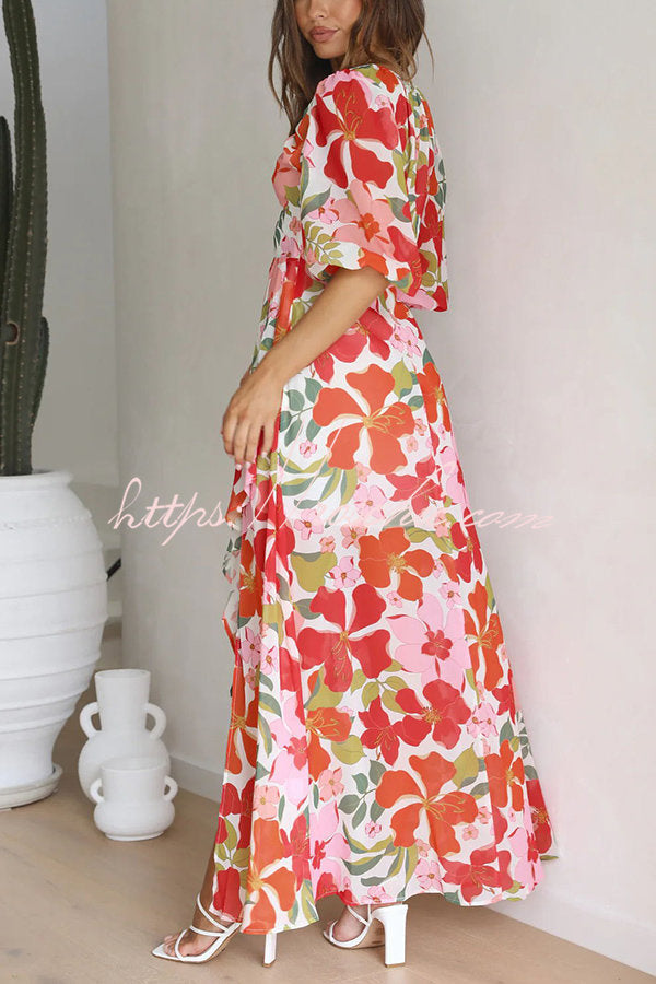 Del Mare Puff Sleeve Front Cutout High Low Maxi Dress