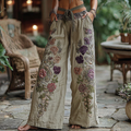 Classy Purple Lavender And Floral Embroidered Art Linen Pants elevenforest