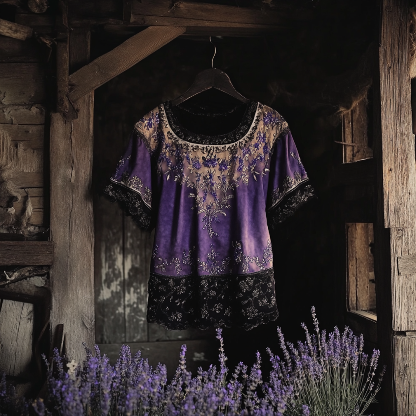 Bohemian Lavender Embroidery Gradient Patchwork Art Linen Short Sleeve T-shirt elevenforest