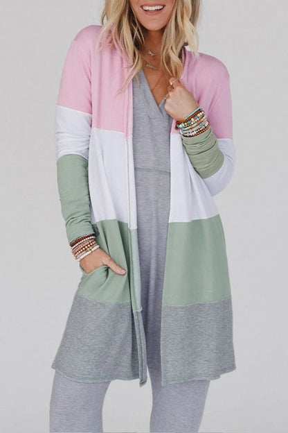 Multicolor Color Block Pocketed Duster Cardigan