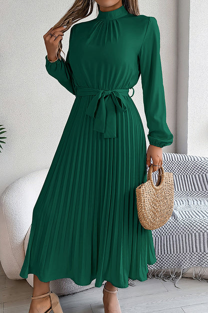 Stand-collar Long-sleeve Waisted Tie-up Pleated Midi Dress