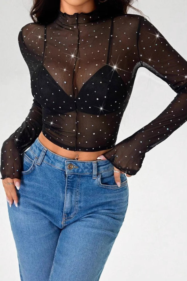 Long Sleeve Mesh Sequin Mandarin T-shirt