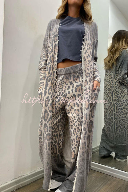 Comfort First Leopard Print Pocket Long Sleeve Cardigan Elastic Waist Pants Set