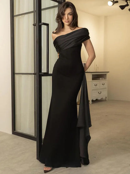 One Shoulder Mesh Patchwork Ribbon Dress New Slim Fit Black Female Long Dress Party Evening Dress
