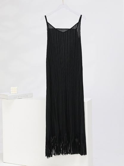 Loose Sleeveless Pleated Color Tasseled Spaghetti-neck Midi Dresses
