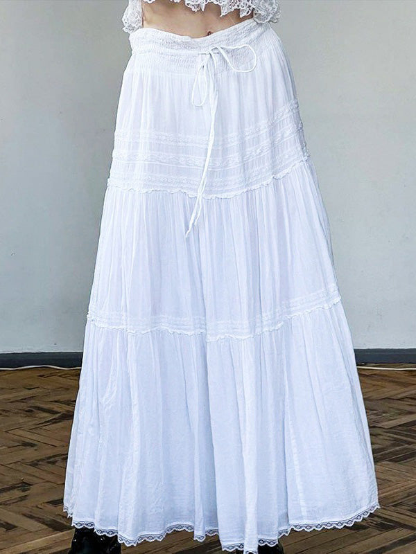 White Lace Splicing Straps Maxi Skirts